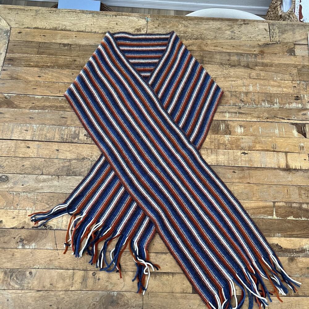 Handmade Wool Knit Striped Scarf Fringed 72" Navy Red White Striped